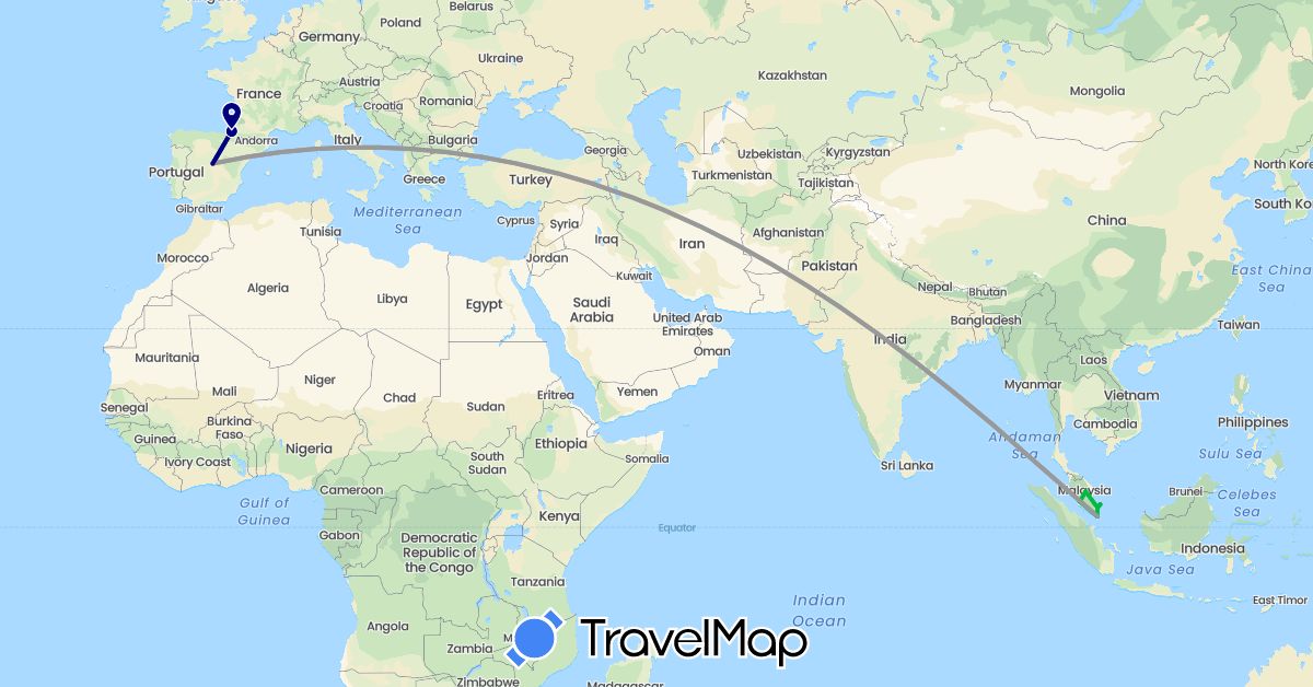 TravelMap itinerary: driving, bus, plane in Spain, France, Malaysia, Singapore, Turkey (Asia, Europe)